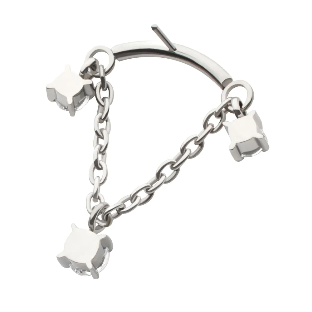 Titanium Threadless Dangle Chain Curved Bar Top with Pronged Trio Round CZ - Image 4