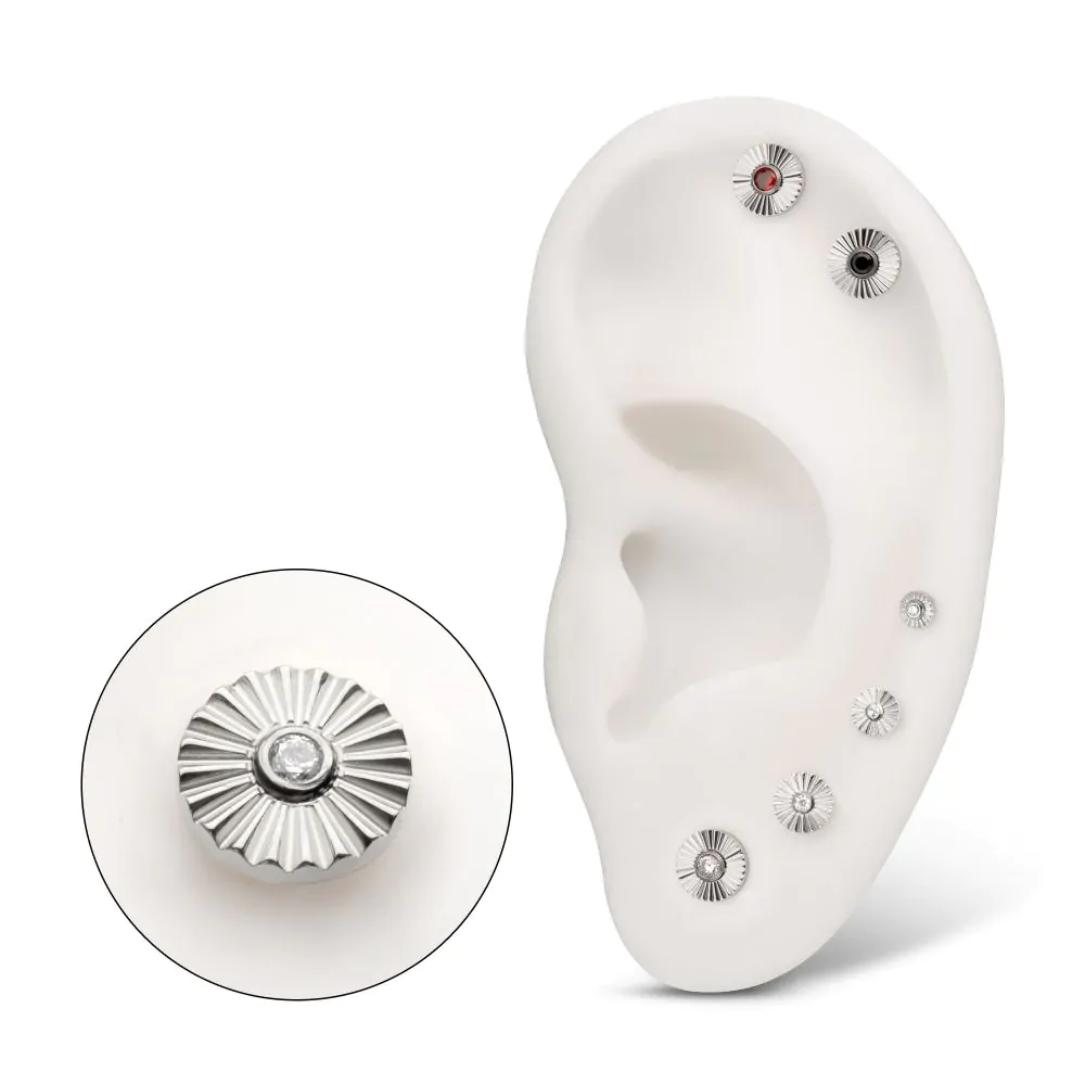 Titanium Threadless Radiant Corrugated Round with Bezel Gem Top - Image 2