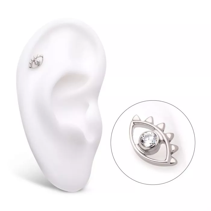 Titanium Threadless with 2mm Bezel Set Round CZ Gem Evil Eye Top - Image 4