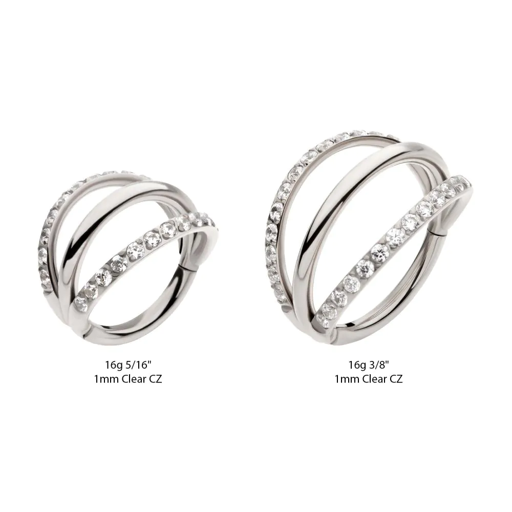 Titanium Triple Hoop with CNC Set 1mm Eternity Gem in 2 Alternate Hoops Side Facing Hinged Segment Clicker - Image 2