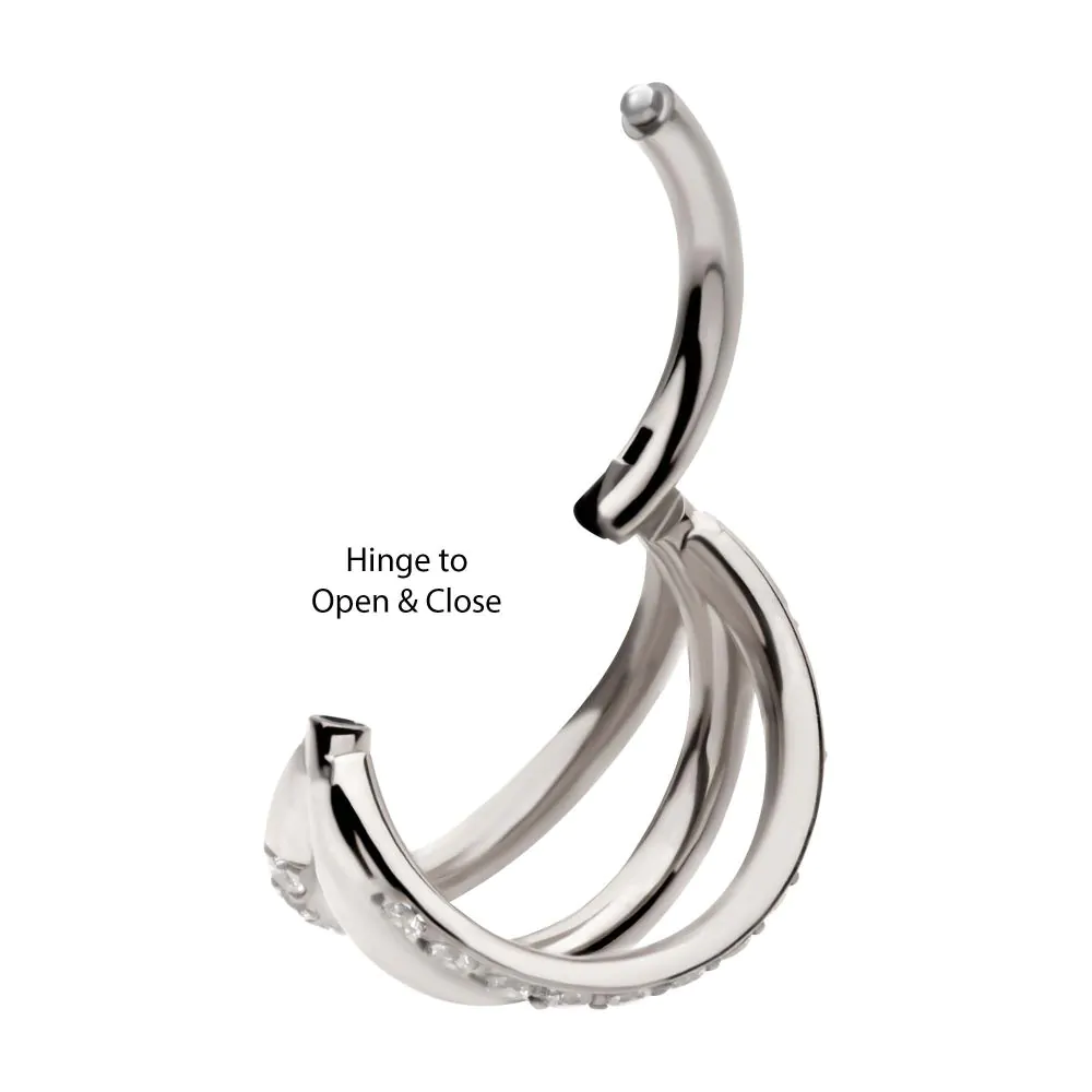 Titanium Triple Hoop with CNC Set 1mm Eternity Gem in 2 Alternate Hoops Side Facing Hinged Segment Clicker - Image 4