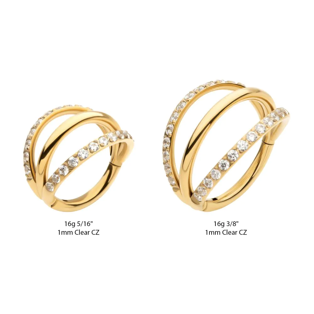 24Kt Gold PVD Titanium Triple Hoop with 1mm CNC Set Round Gem in 2 Alternate Hoops Side Facing Hinged Segment Clicker - Image 2