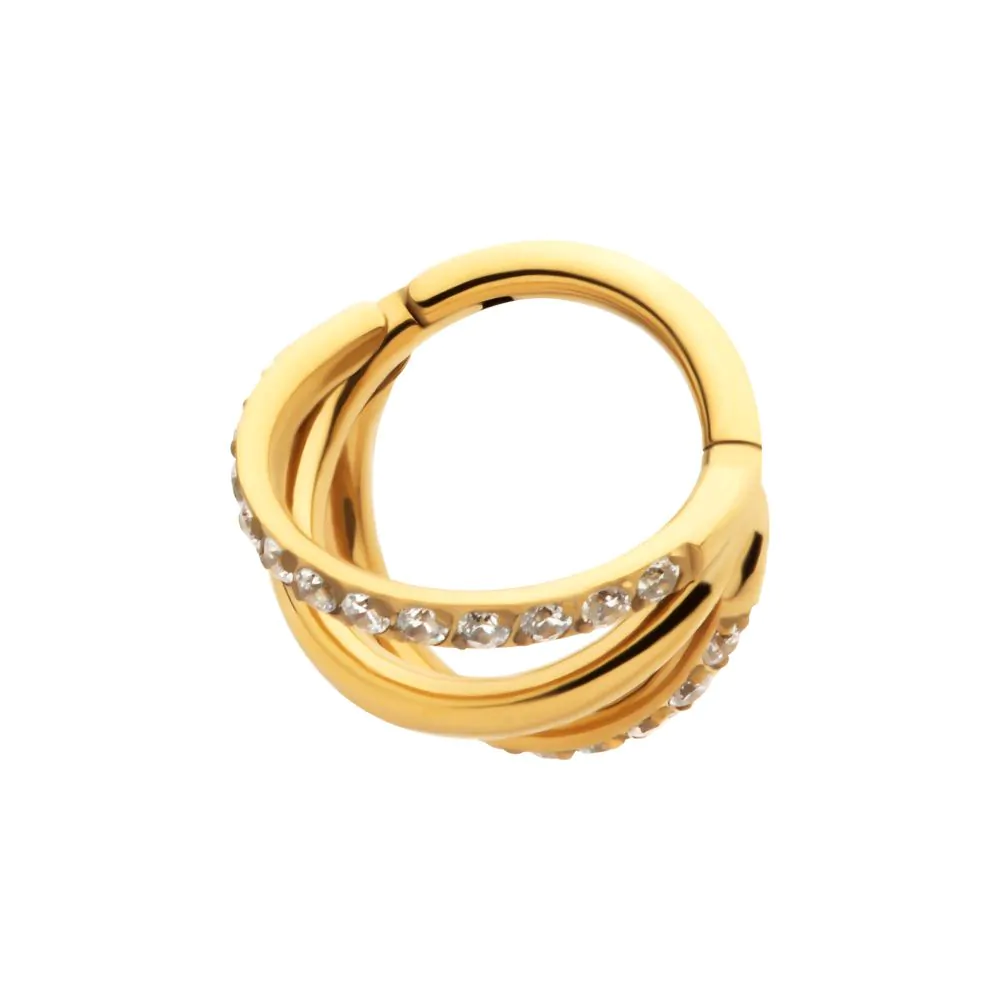 24Kt Gold PVD Titanium Triple Hoop with 1mm CNC Set Round Gem in 2 Alternate Hoops Side Facing Hinged Segment Clicker - Image 3