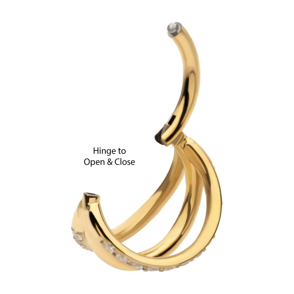 24Kt Gold PVD Titanium Triple Hoop with 1mm CNC Set Round Gem in 2 Alternate Hoops Side Facing Hinged Segment Clicker - Image 4