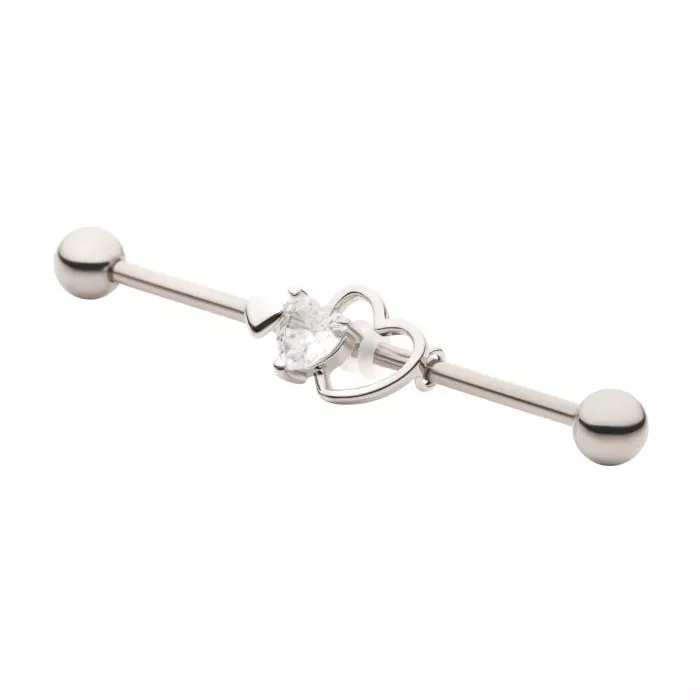 Triple Heart with Clear CZ & 5mm ball Industrial Barbell - Image 2